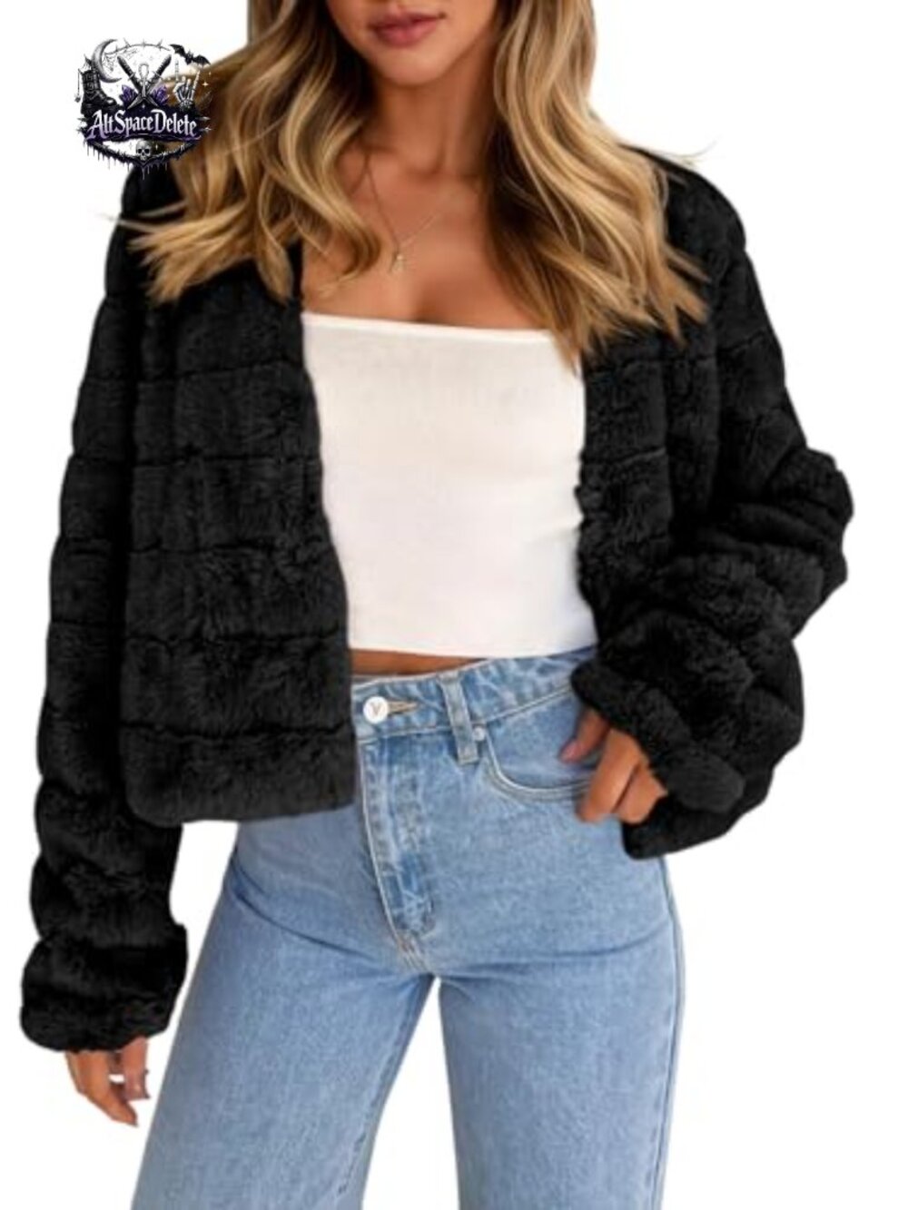 Womens Cropped Faux Fur Jacket Long Sleeve Open Front Fluffy Coat